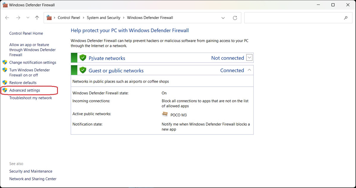 Step 1: Open Windows Defender Firewall with Advanced settings.