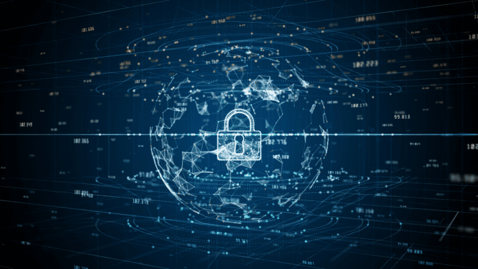 Digital render of the globe with a lock icon in a cyber environment.