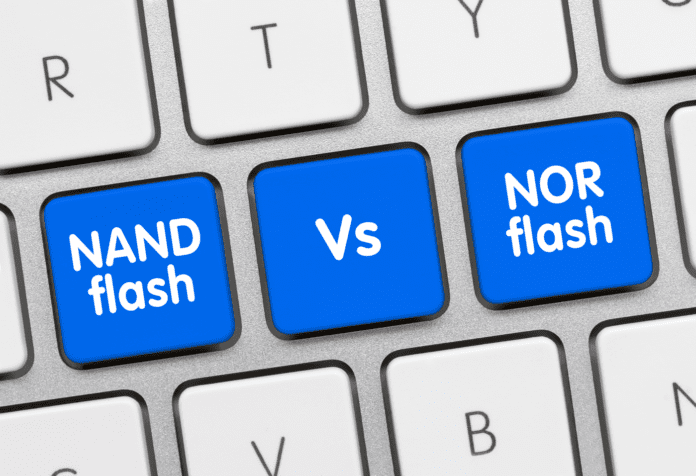 Blue keyboard keys text with NAND flash vs NOR flash text.