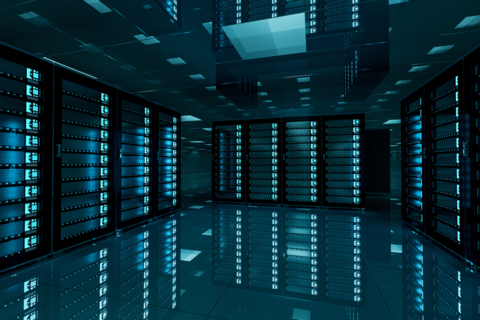 3D rendering of a dark server room/data center storage.