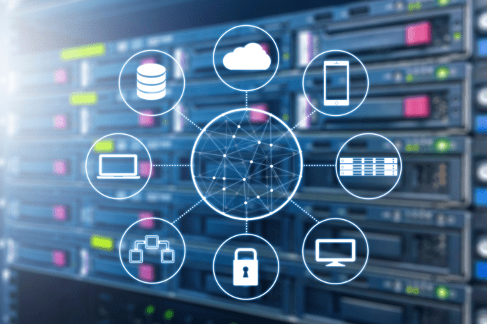 Cloud technology connected all devices with server and storage in datacenter background.