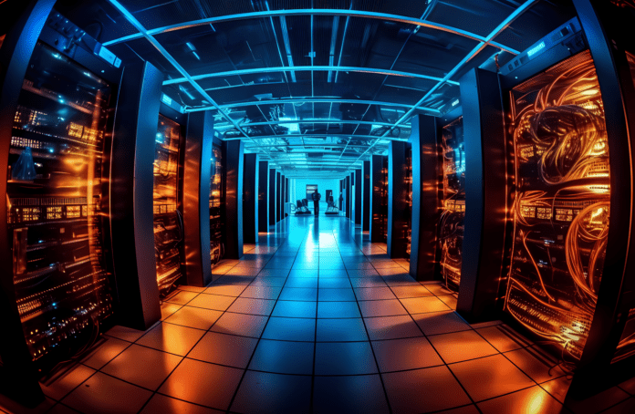 A fisheye view of a busy data center.