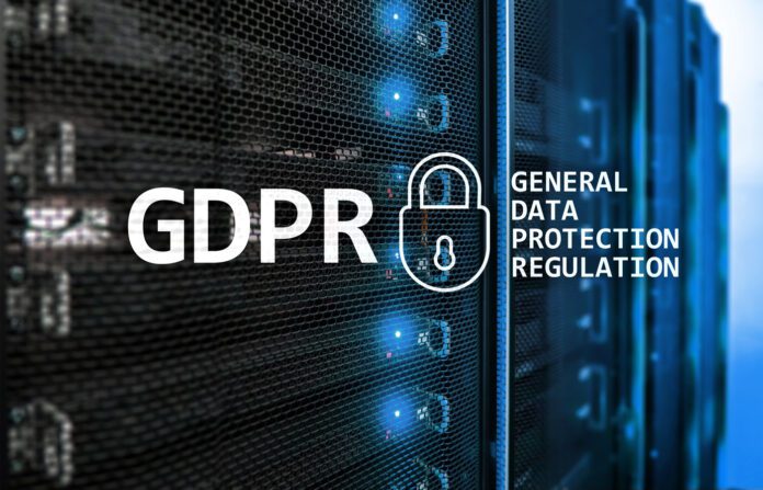 GDPR, General Data Protection Regulation inscription on a data center background.